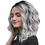 Clearance Sale!DEESEE(TM)Short Wavy Bobo Human Hair Rose net Wig Glueless Front Wigs Gray Women
