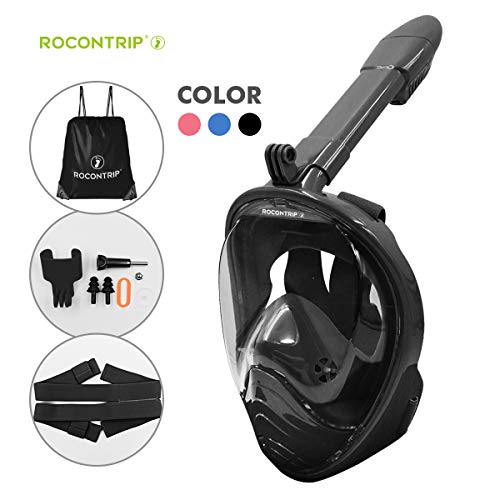 ROCONTRIP Full Face Snorkel Mask, Free Breathing 180° Panoramic View Diving Mask, Anti-Fog Anti-Leak and Adjustable Head Strap Snorkeling Mask for Men Women Adult (Black-Kids, XS)