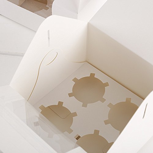 Bakery Cupcake Box White Cupcake Holder with Windows for 4 Cupcakes Handle Cupcake Box for Party (Set of 200)