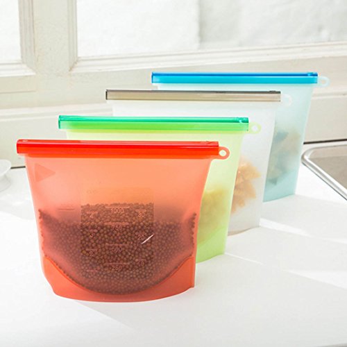 Reusable Silicone Food Storage Bags with Cleaning Scrubber Sponge - Fits Instant Pot, Accessories 8qt - Safe to Steam, Heat, Boil, Freeze, Sous Vide Cooking - Airtight Lunch Snack Container - Set 4+1