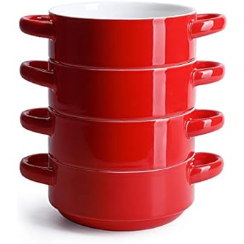Sweese 108.104 Porcelain Bowls with Handles - 20 Ounce for Soup, Cereal, Stew, Chill, Set of 4, Red