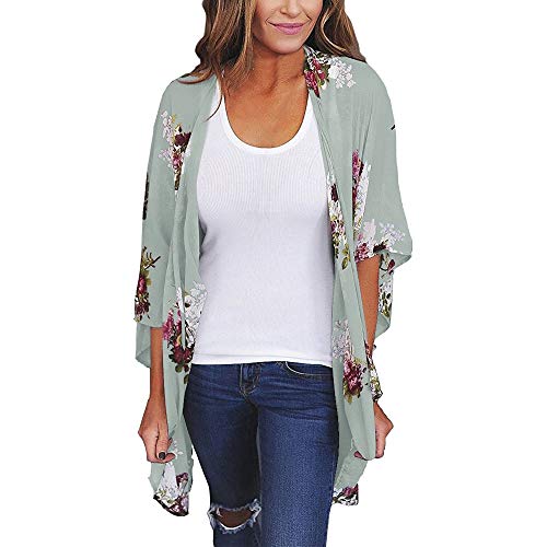 Tootu Women Chiffon Loose Shawl Print Kimono Cardigan Top Cover Up Blouse Beachwear (L, L) (L, Green)