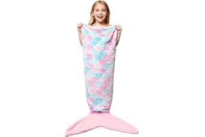 WERNNSAI Mermaid Tail Blanket - Wearable Mermaid Glow in The Dark Blanket for Girls Toddler Soft Flannel Snuggle Throw Sleeping Bag for Kids Birthday (43.3” x 15.7”)