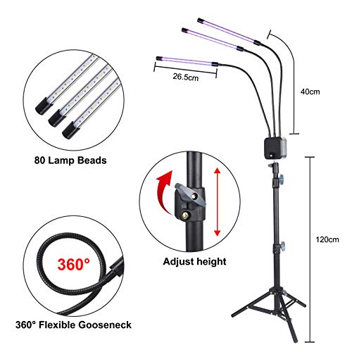 Growing Light with Stand, KORAM 60W LED Tri-Head Full Spectrum Plant Grow Lamps for Indoor Plants, Tripod Stand Adjustable with Timing 3/9/12H Function &3 Modes
