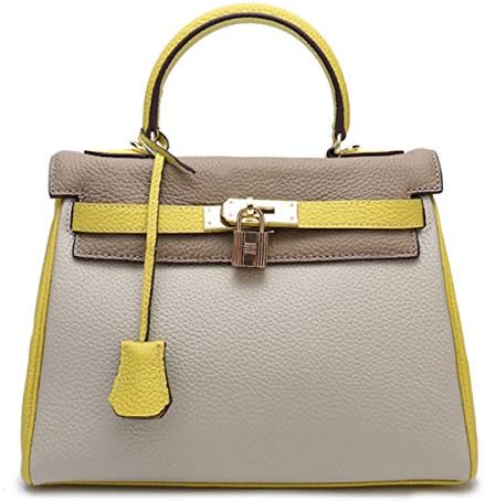 2019 New Versatile Handbag Color Matching Lychee Kelly Bag Quality Genuine Leather Handbags Shoulder Diagonal Package Evening Package Mummy Bag (Lemon Yellow Gray, 25 * 18 * 11cm)