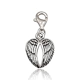 925 Sterling Silver Oxidized Detailed Double Angel Wings, Feather Lobster Clasp Charm