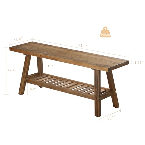 HOKYHOKY Reclaimed Solid Wood Bench-43.3" Farmhouse Entryway Bench with Storage Shelf, Narrow Rustic Bench for Hallway, Kitchen, Bedroom, Dining
