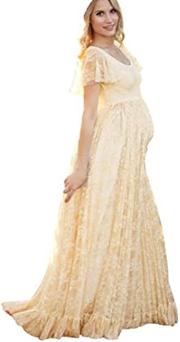 Maternity Dresses, Women's Floral Lace Short Sleeve Photography Fly Sleeves O Neck Long Maxi Wedding Dress (XXXL, Yellow)