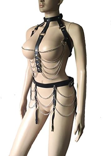 Kingmistres Sexy Womens Metal Chain Drape Vest Crop Top and Garter Belt Combo Night Club Costume