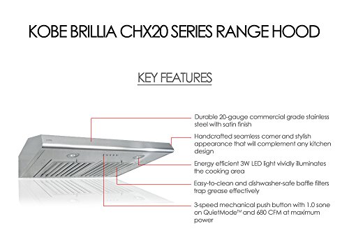 KOBE CHX2030SQB-1 Brillia 30-inch Under Cabinet Range Hood, 3-Speed, 680 CFM, LED Lights, Baffle Filters