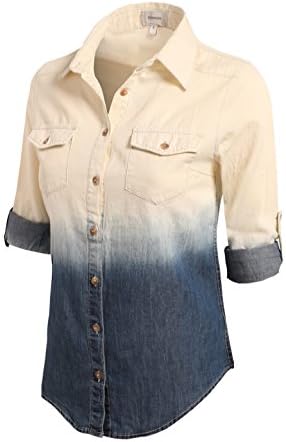 ZENNESSA Women's White Washed Denim Shirts with Roll up Sleeve Small Two-Tone White