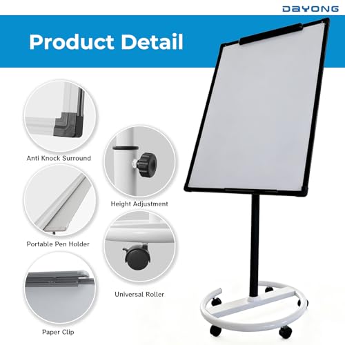 DAYONG 70x100cm Mobile Whiteboard, Rolling Magnetic Dry Erase Board with Wheels, Height Adjustable White Board Stand, Portable Standing Flip Chart Easel for Home Office Classroom (Black & White)