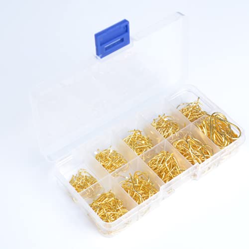 500 Pcs Fish Hooks 10 Sizes Fishing Sharpened with Box kit for Outdoor Fishing (Gold)
