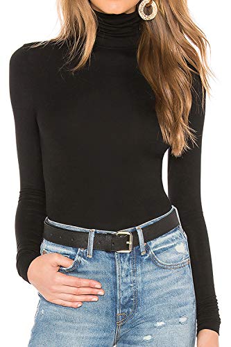 Womens Basic Comfy Soft Long Sleeve Slim Fit Turtleneck Tee Shirt Layer Blouse 100% Modal (S, Black)