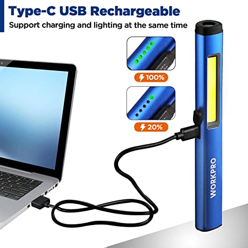 WORKPRO Rechargeable Flashlight, LED Pen Light with 365 nm UV Black Light, 450 Lumen Pocket Penlight, Magnetic Clip