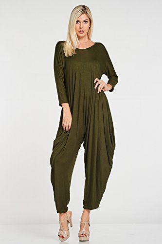 Annabelle Women's Long Sleeve Comfy Harem Jumpsuit Romper With Pockets Olive Small 8002