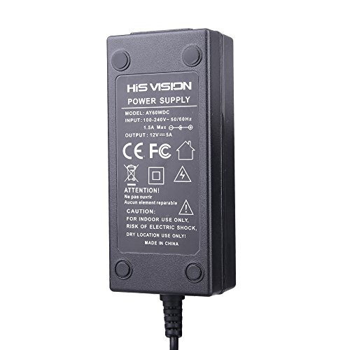 HISVISION Security Camera Power Adapter 12V 5A 100V-240V AC to DC 2.1x5.5mm w/ 8-Way Power Splitter Cable Power Supply-Fits DVR/NVR/AHD/TVI Security System, LED Strip Lights
