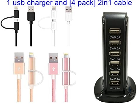 6-port USB 7.2A 36W AC SMART Fast Desk Charger Wall Charger Family Charging Station.USB Charger with Auto Detect Technology.With 2-in-1 USB Cable [4 Pack 1ft](6 port Black set)