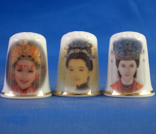 Porcelain China Collectable Thimbles - Set of Three Oriental Beauties