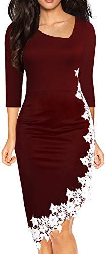 Women's Black Pencil Dress 3/4 Sleeve Stretchy Irregular Hem with White Lace Bodycon Dresses