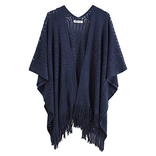 Knit Shawl Wrap for Women Capes Ladies Knitted Scarf Tassel Open Poncho Cardigan (Navy)