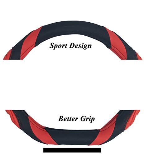 image for ZATOOTO Flat Bottom Steering Wheel Cover - Black Red Leather D Shaped 