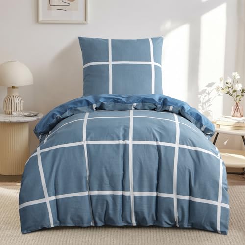 RUIKASI Bettwäsche 155x220 Baumwolle 2teilig Denimblau mit Kopfkissenbezug