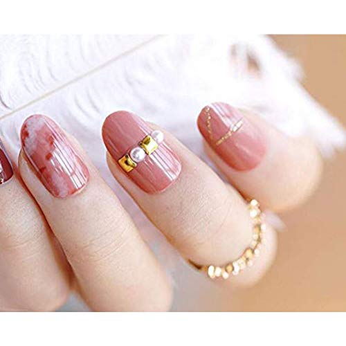 NEW Style Dyeing Pink Gold Glitter Line Rhinestone Pearl Decorated Medium Length Oval Full Cover False Nails with Design 24pcs 12 Different Size