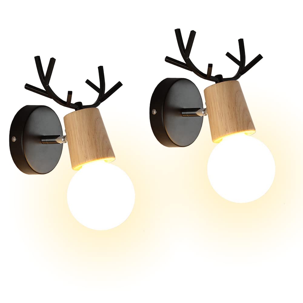 iDEGU Set of 2 Modern Wall Lights Creative Deer Antler Design Indoor Wall Lamps Wood and Metal Wall Sconce Art Deco for Bedroom Living Room Hallway Bathroom (Black)