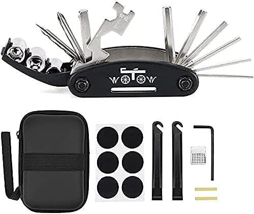 WOTOW 16 in 1 Multi-Function Bike Bicycle Repair Tool Kit Allen Wrench with Tire Pry Bars Rods (Black, 16 in 1 Tool with Bag)