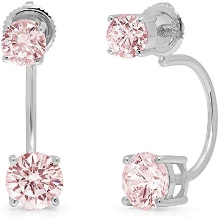 3 14カラットデュアルダブルドロップ2ストーンブリリアントラウンドカットソリティア ピンク模造ダイヤモンドczユニセックス記念ギフトレバーバックドロップダングルイヤリング14kホワイトゴールド
