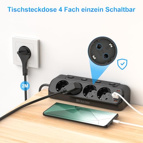 Ecksteckdose mit USB, 4 Fach Steckdosenleiste mit Schalter, Mehrfachsteckdose Steckerleiste mit 2 USB und 2 Type-C, 8 in 1 Steckdosenverteiler Flachstecker mit 2M Kabel für Smartphones, Hause, Schwarz