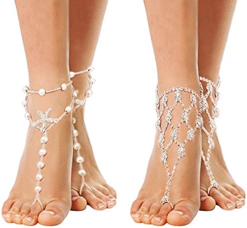 Cosweet 2 Pairs Barefoot Sandals Anklet Chain with Rhinestone for Women Lady's Beach Wedding Foot Jewelry Party Accessories
