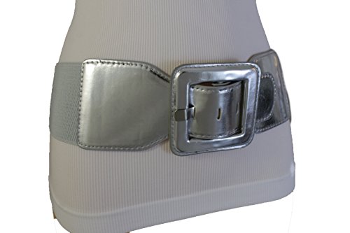 TFJ Women Fashion Belt Hip High Waist Wide Elastic Waistband Square Buckle M L Silver