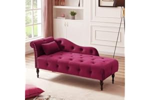 KINFFICT Velvet Chaise Lounge Indoor Chair with Pillow, Button Tufted Right Arm Facing Lounge Chair Bed with Nailhead Trim and Turned Legs, Modern Sleeper Sofa Couch for Living Room Bedroom Office (Burgundy)