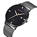 Mens Simple Slim Watch Analog Quartz Waterproof Black Stainless Steel Mesh Band Thin Casual Dress Wrist Watches for Men