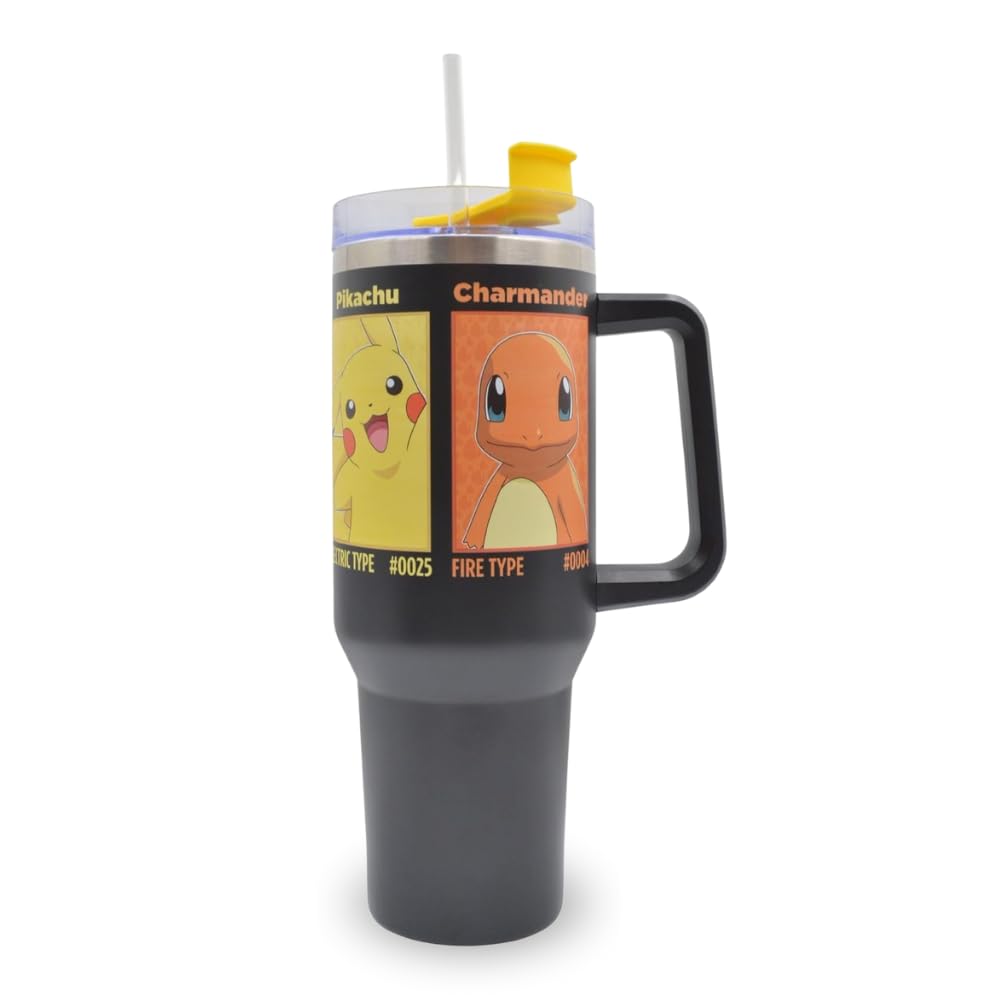 HOX Pokemon 40oz (1200ml) Insulated Tumbler Stainless Steel Cup with Straw and Handle for Water, Iced Tea, Coffee or Smoothie, Black