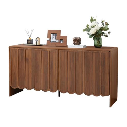 Sideboard Buffet Cabinet, Accent Storage Cabinets with 4 Doors, Farmhouse Wood Cabinet with Adjustable Shelves and Wave Panel for Living Room, Dining Room, Entry - Walnut