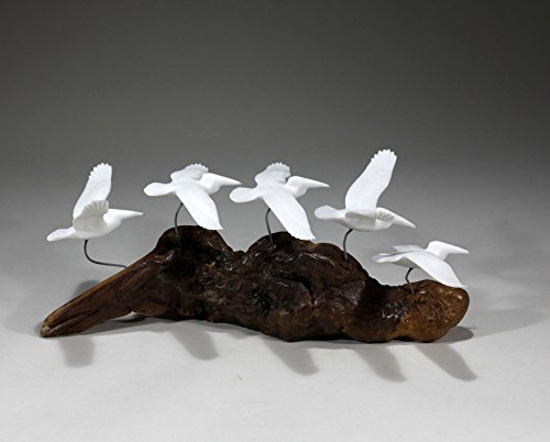 5 Pelicans Sculpture Gliding by John Perry 9in long on Burl Statue Pellucida