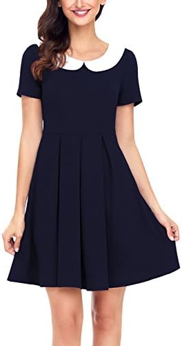 Annigo Womens Velvet Casual Short/Long Sleeve Peter Pan Collar Flare Skater Short Dress