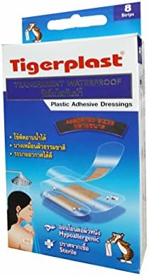 Tigerplast, 4 packs of Tigerplast Transparent Waterproof. Plastic Adhesive Dressings, Assorted Sizes, Waterproof, Transparent Film, Absorbent Pad, Non-stick Pad. (8 Strips/ pack)