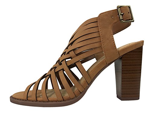 City Classified Open Toe Perforated Lace up Elastic Side Stacked Chunky Heel Sandal, Tan, 7.5