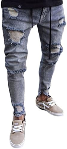 Men's Ripped Skinny Distressed Destroyed Straight Fit Zipper Jeans with Holes