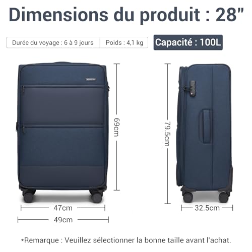 British Traveller Large Luggage Suitcase, 79.5 x 49 x 32.5 cm, 100 L, Soft and Expandable Suitcase (+3.5 cm) – Lightweight and Durable with 4 Silent 360° Wheels and TSA Lock, Navy