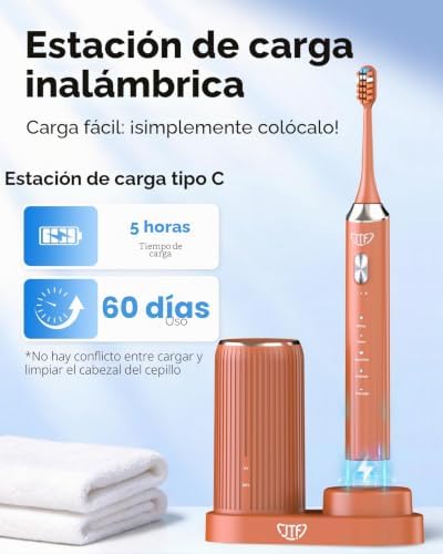 Escova de dentes TF Sonic Electric com limpeza e secagem UV, estação de carregamento sem fios, 5 modos de limpeza, 6 cabeças de substituição, copo incluído e IPX7 resistente à água (laranja)