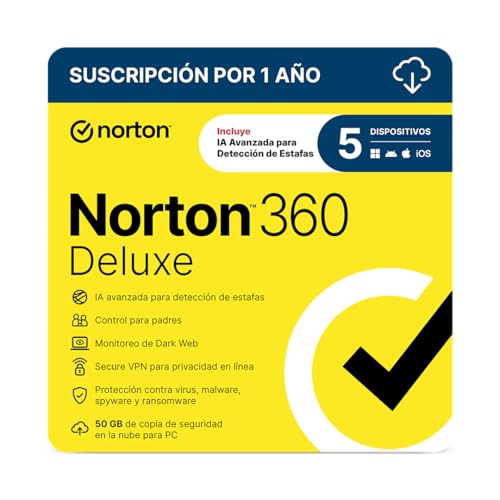 Norton 360 Deluxe - Software Antivirus para 5 Dispositivos con VPN, Copia de Seguridad de 50GB para PC, Control Parental y más [Windows, MacOS, Android, iOS] [Edición de América Latina y Caribe]