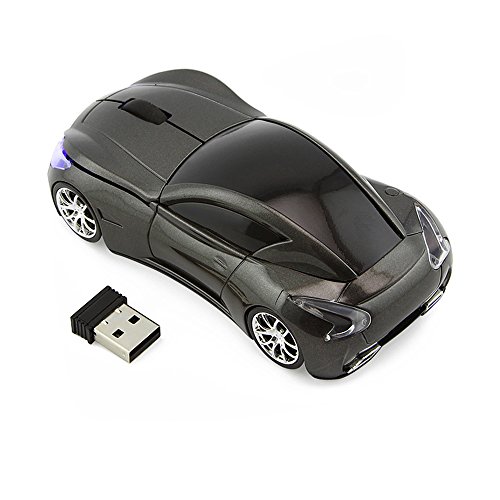 Usbkingdom 2.4GHz Cool Sport Car Shape Wireless Mouse Optical Cordless Mice with USB Receiver for PC Laptop Computer 1600DPI 3 Buttons Gray
