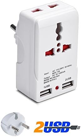 HOOPOU Travel Adapter with 2 Universal Sockets and 2 USB Ports, International Outlet Plug Kit - Type E/F for Most European Countries, France, Germany, Russia