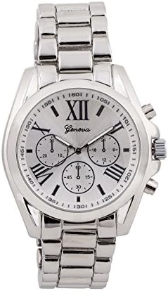Geneva Watches Silver Tone Classic Round Men's Watch. Faux Chronograph Design. Metal Link Band