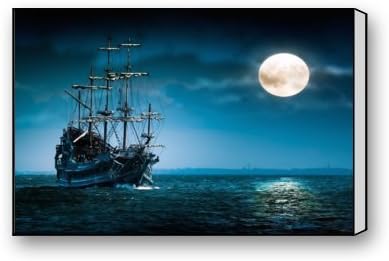 Creative Beautiful Modern Art Print - Night Moon Pirate Sailing Ship Picture Canvas Print Wall Art 18" x 12" Inch, Stretched and Framed Home Decor Wall Living room Office Canvas Art Wall